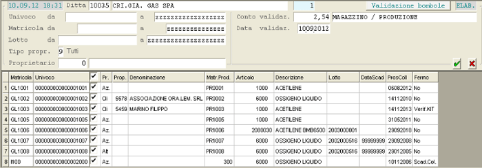 Validazione Bombole: elenco bombole validabili