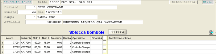 Sblocca Batch-Record: sblocca bombole