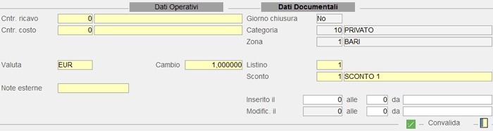 Immissione Documento di Consegna: dati documentali