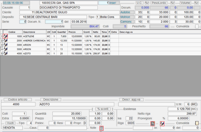 Immissione Documento di Consegna: input righe di corpo
