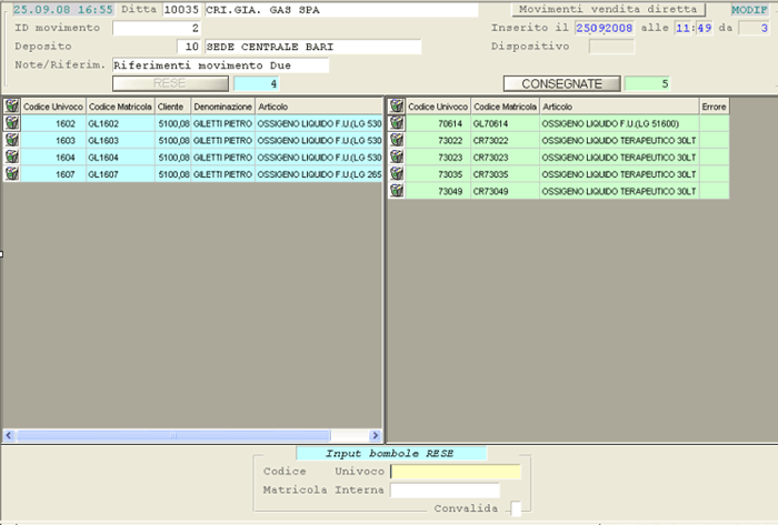 Manutenzione Elenco Bombole per Vendita Diretta: Input Bombole Rese/Consegnate