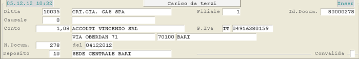 Carico da Terzi: dati di testa