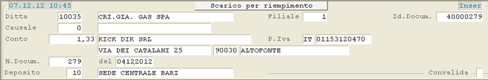 Scarico per Riempimento: dati di testa