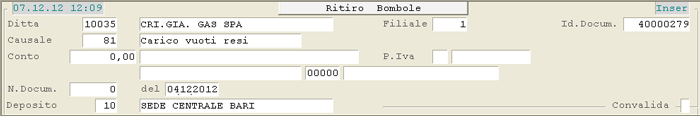 Ritiro Bombole: impostazione dati di testa
