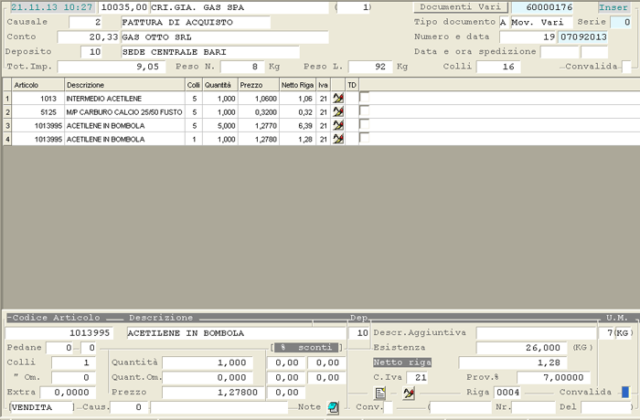 Immissione Documento di Acquisto: input righe di corpo
