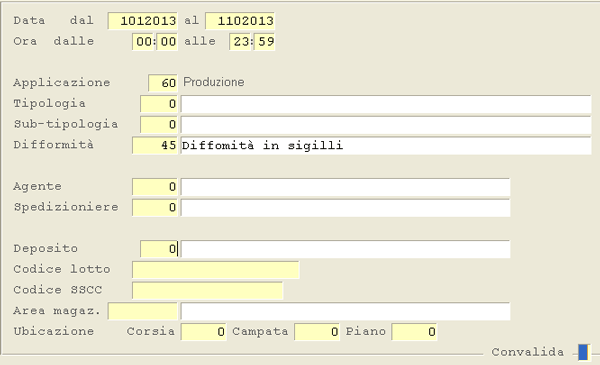 Inquiry difformità: impostazione parametri di filtro