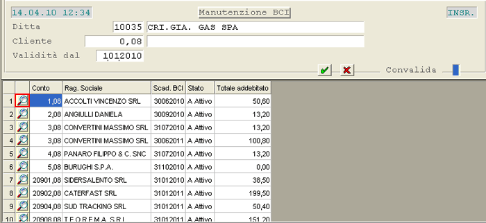 Manutenzione BCI: visualizzazione elenco Clienti