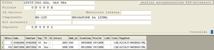 Movimenti Componenti Kit: visualizzazione data-grid