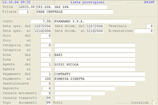 Selezioni per la stampa della Lista Provvigioni
