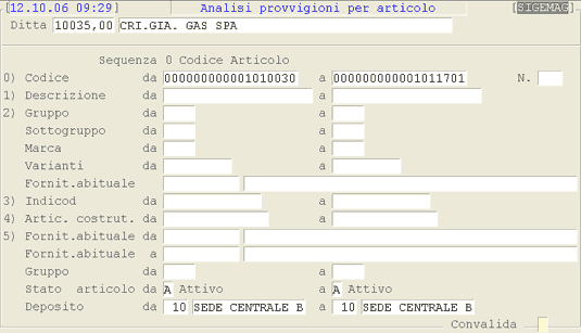 Analisi Provvigioni: 1° videata