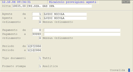 Ricalcolo Provvigioni: videata di selezione