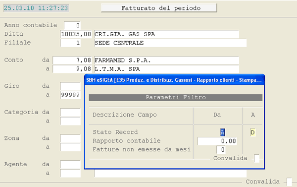 Stampa Fatturato: videata d'impostazione parametri