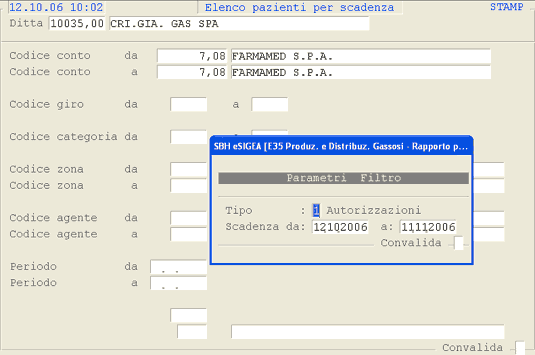 Scadenze Autorizzazioni/Esenzioni: videata di selezione