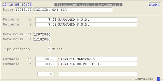 Situazione Pazienti Movimentati: videata di selezione