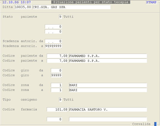 Pazienti per Stato Terapia: videata di selezione