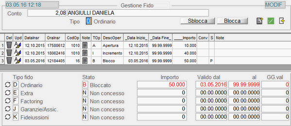 Clienti: window Gestione Fido