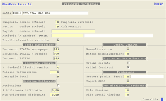 Dati di Servizio: Parametri funzionali
