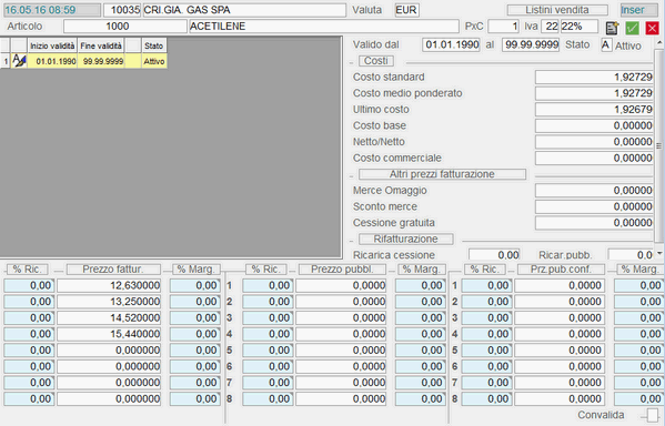 Inserimento/Modifica Listini Vendita