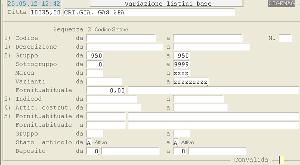 Variazione Listini Base: impostazione parametri di selezione Articoli