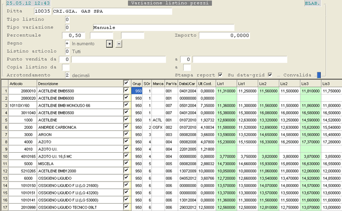 Variazione Listini Base: impostazione criteri di variazione Listini e visualizzazione Articoli su data-grid
