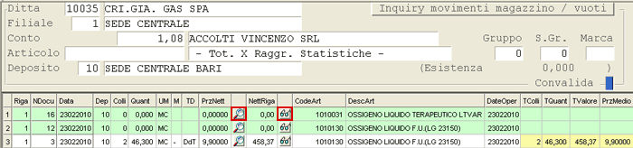 Inquiry Movimenti Magazzino: visualizzazione movimenti nel data-grid (parziale della videata)