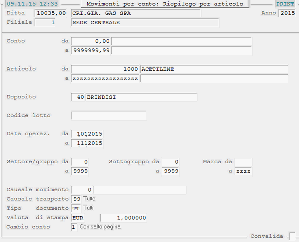 Reports Movimenti per Conto: videata di selezione