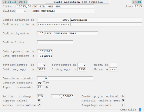 Reports Movimenti per Articolo: videata di selezione
