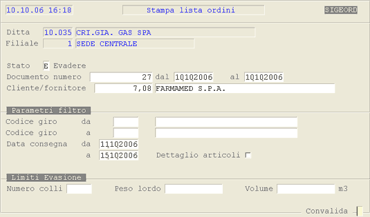 Lista Ordini: videata di selezione