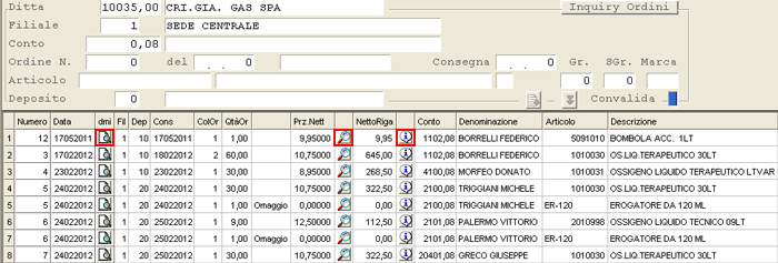 Inquiry Movimenti Ordini in formato ANALITICO (parziale della videata)