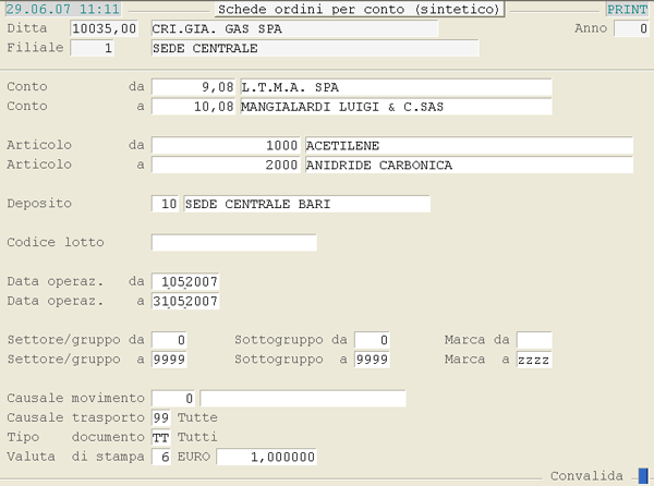 Schede Ordini per Conto: videata di selezione