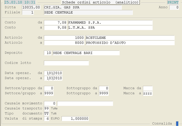 Schede Ordini per Articolo: videata di selezione