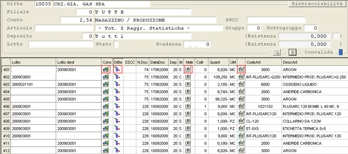 Inquiry Rintracciabilità: visualizzazione movimenti nel data-grid