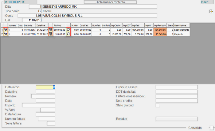 Videata Dati Dichiarazione d'Intento