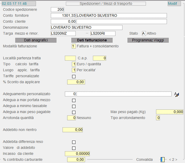 Tabella Spedizionieri/Mezzi Trasporto: Dati Fatturazione - 2° videata