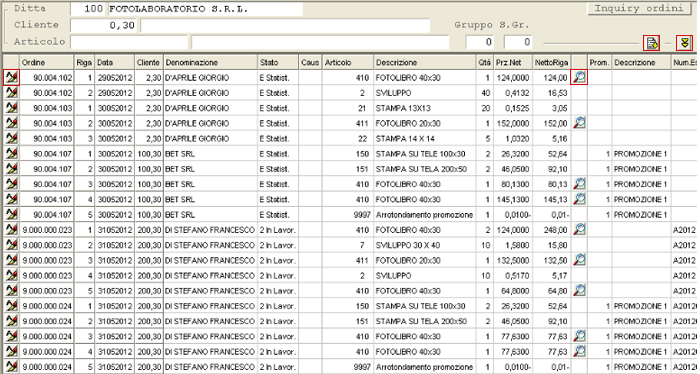 Inquiry Ordini: visualizzazione in formato data-grid