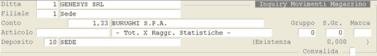 Inquiry Movimenti Magazzino: impostazioni iniziali