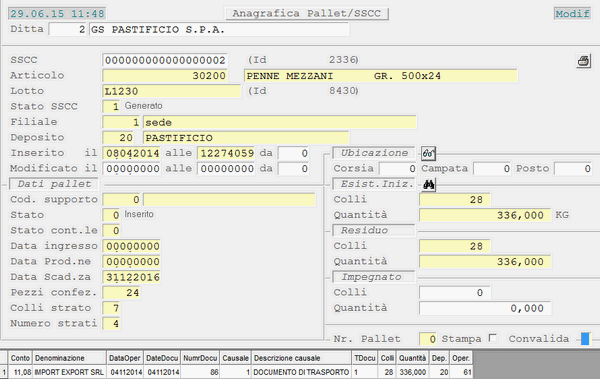 Anagrafica Pallet/SSCC