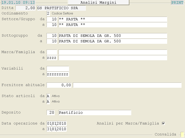 Report Analisi Margini: videata di selezione