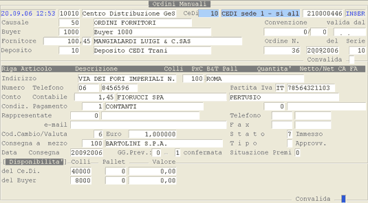 Immissione Ordini Manuali: dati di testa