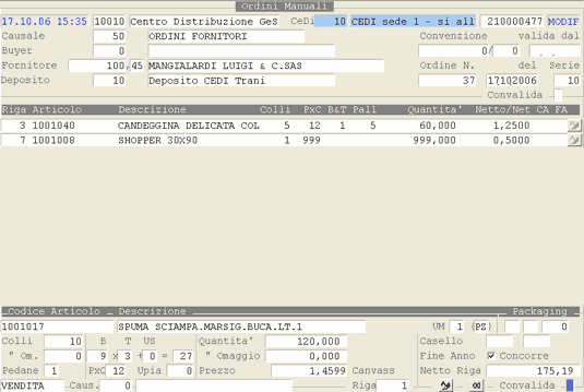 Manutenzione/Cancellazione: selezione Riga