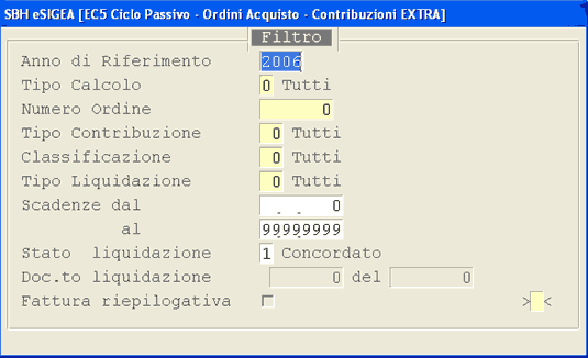 Ricalcolo per Evasione OdA: videata d'impostazione parametri