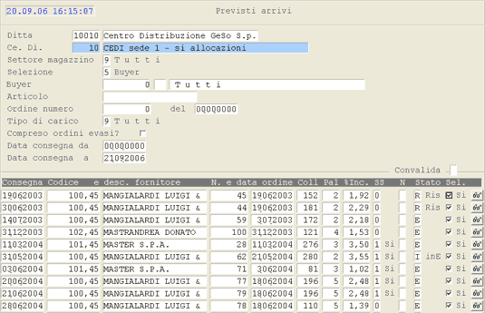 Selezione Previsti Arrivi: visualizzazione degli Ordini