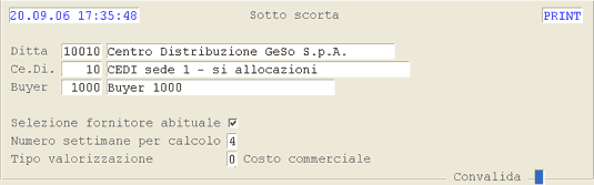 Report Analisi Scorte: videata di selezione