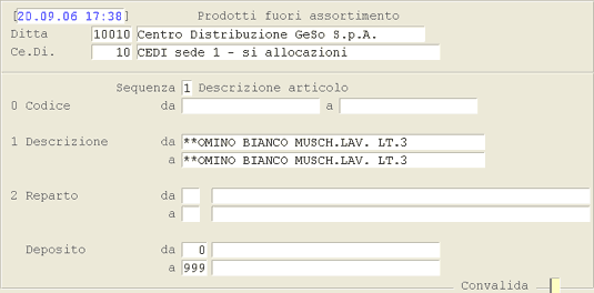 Report Prodotti Fuori Assortimento: videata di selezione