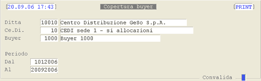 Report Copertura Buyer: videata di selezione