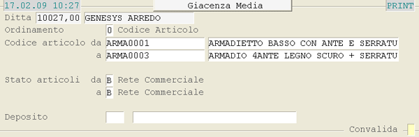Report Giacenza Media: videata di selezione
