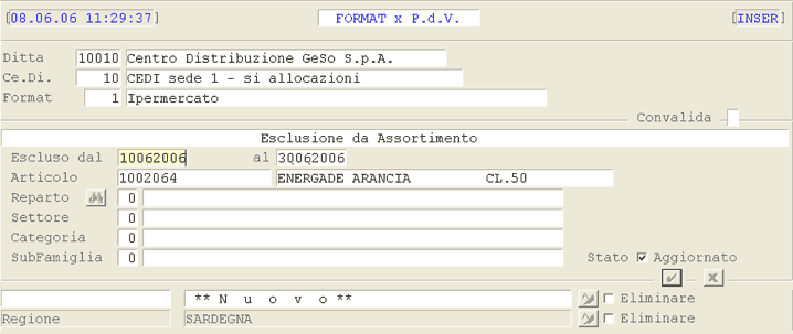 FORMAT Esclusioni per Punto Vendita: completamento funzione