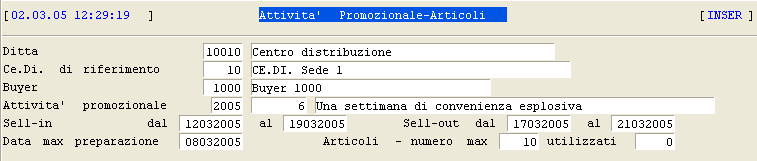 Attività Promozionale: impostazione dati preliminari