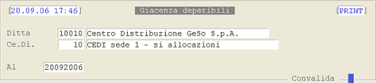 Report Giacenza Deperibili: videata di selezione