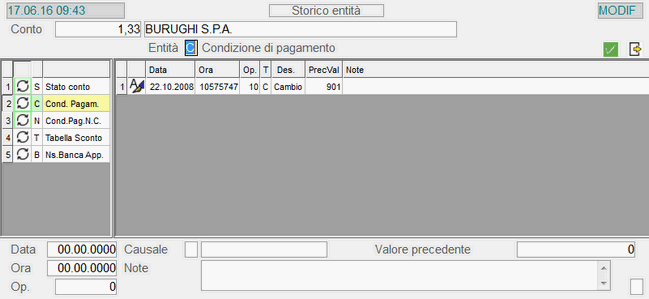 Fornitori: window Storico Entità